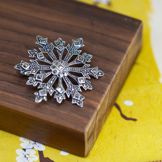 Vintage sterling 925 silver handmade snowflake pendant with genuine marcasite