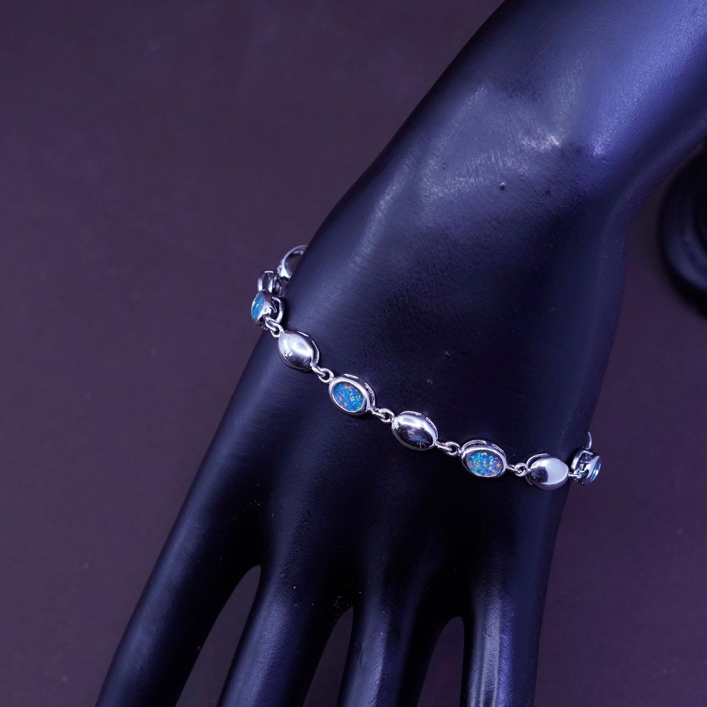 7”, vintage Sterling silver handmade tennis bracelet, 925 chain with opal