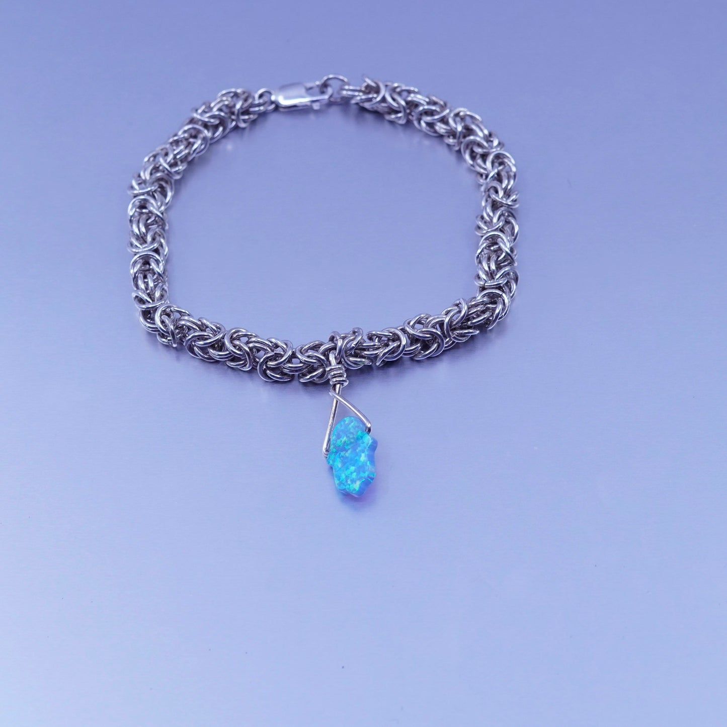 7.75”, Sterling silver bracelet 925 Byzantine birdcage chain opal hand charm