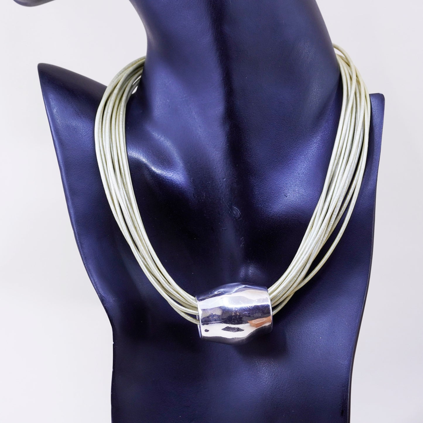 16”, Israel Sterling Silver Multi Strand golden Leather Necklace 925 Pendant