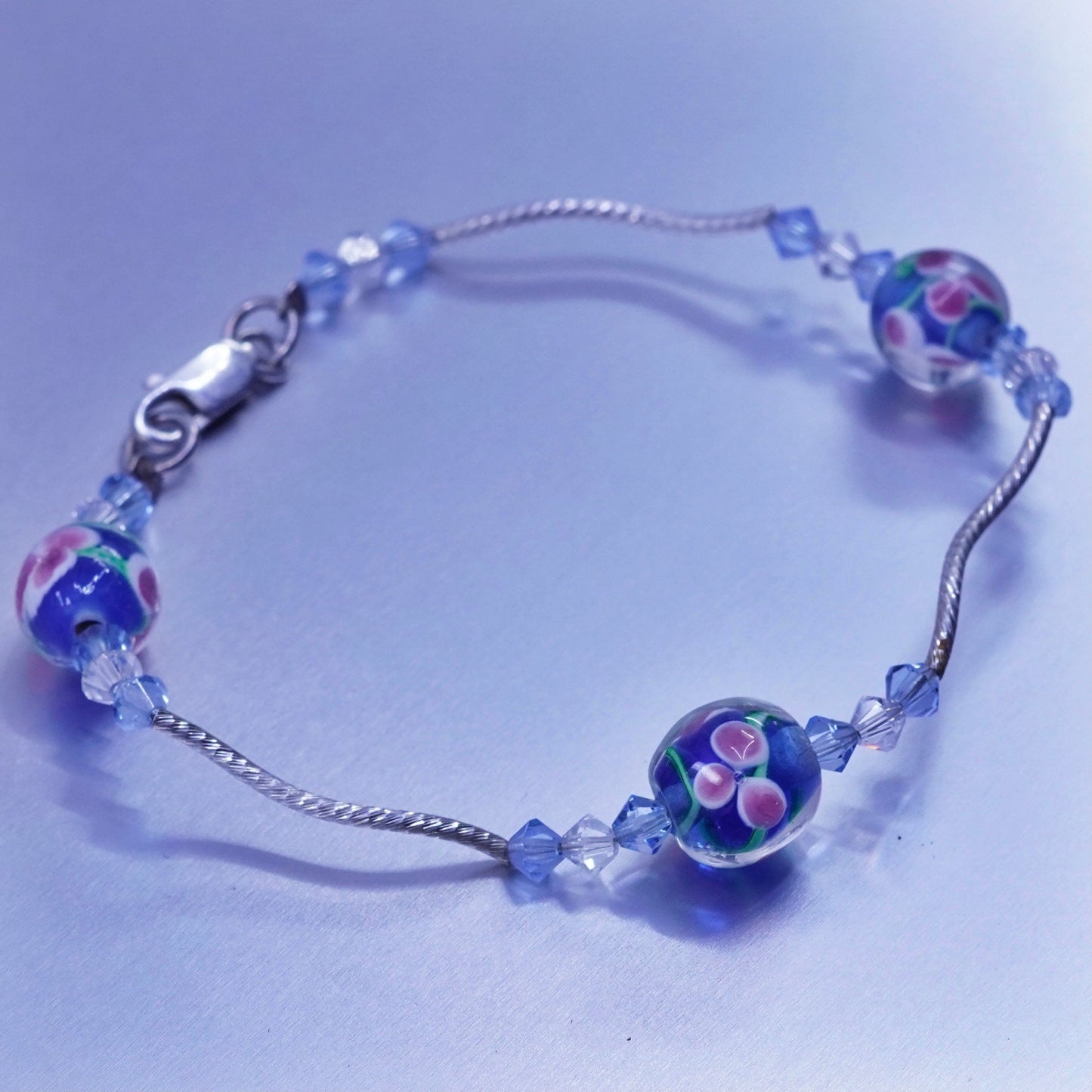 7.25”, jewelry | Sterling 925 silver bracelet, wavy chain floral glass charms