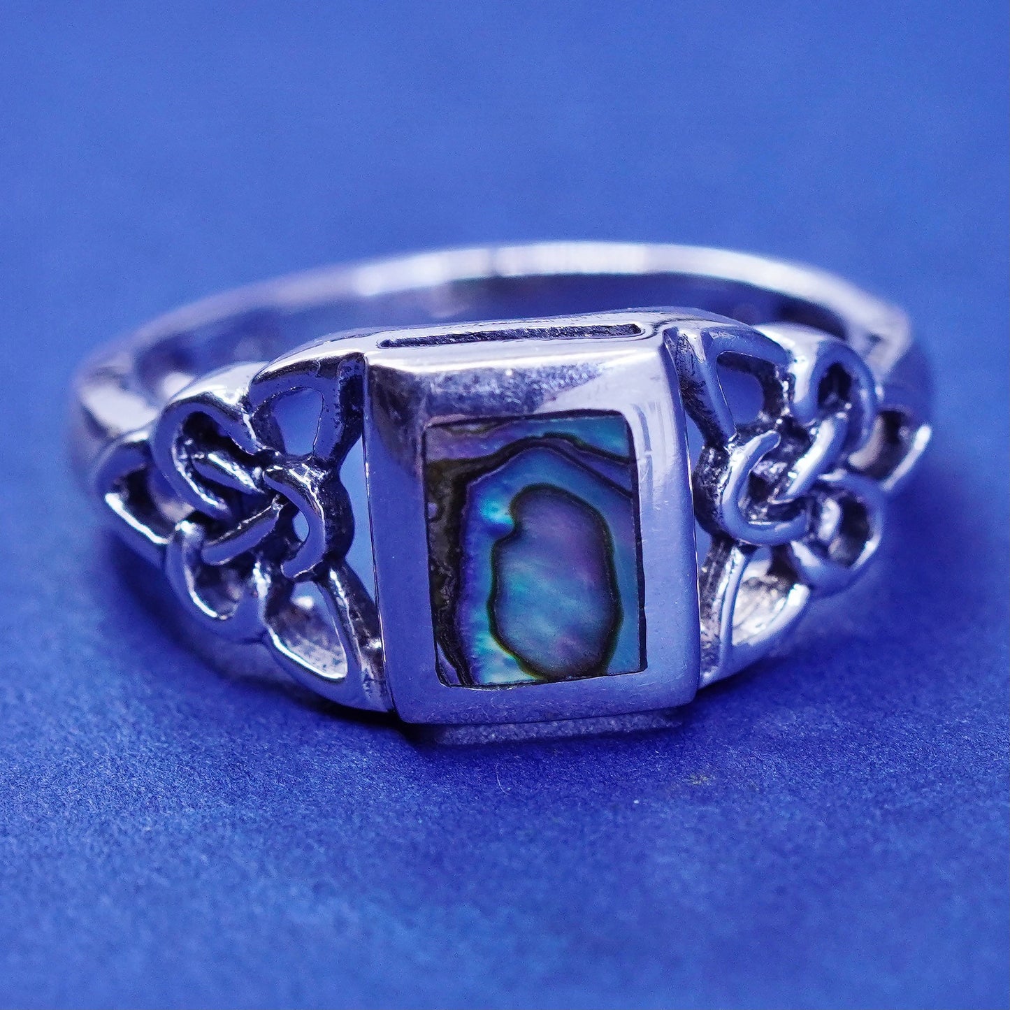 Size 6.75, vintage sterling 925 silver handmade filigree ring with abalone
