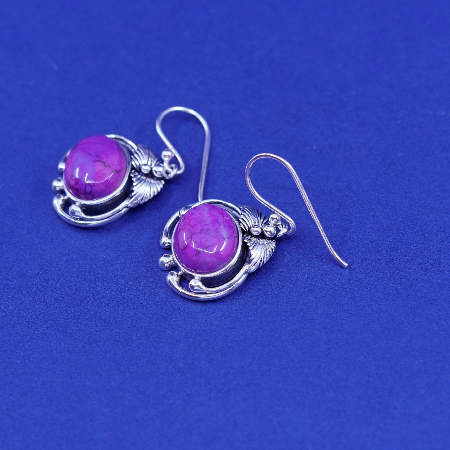 Vintage BBJ Sterling 925 silver handmade earrings with purple turquoise leaves