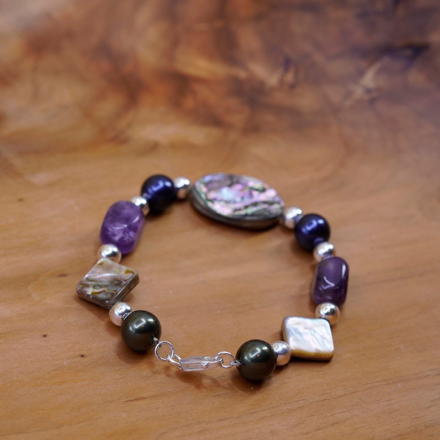 7”, Vintage Sterling silver handmade bracelet with abalone amethyst beads