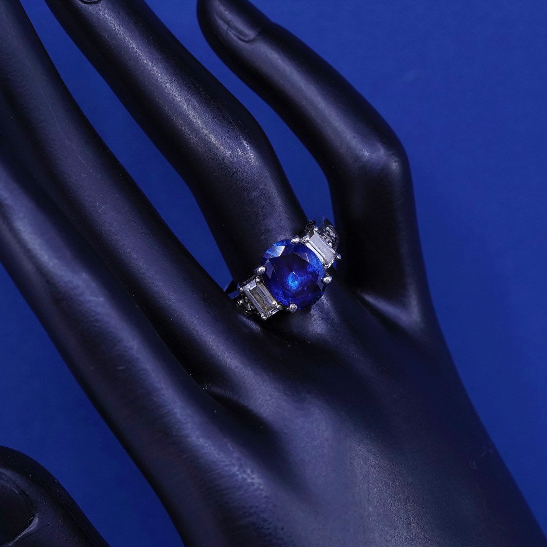 sz 7.25, vtg CSJ Sterling silver handmade ring, 925 w/ sapphire N crystal