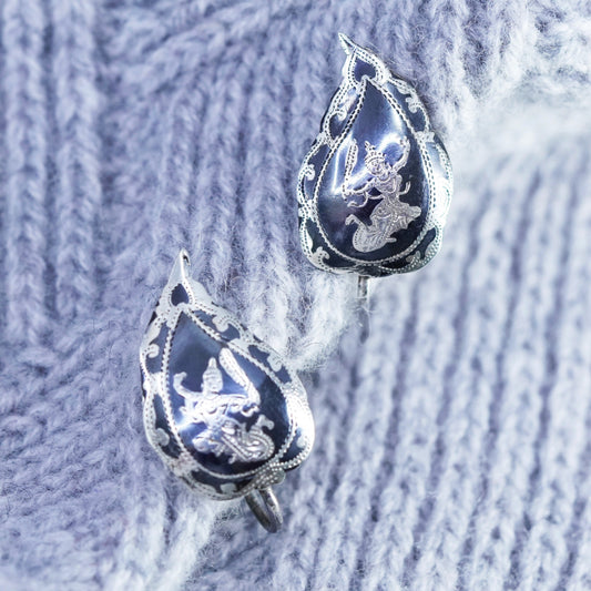 Vintage Sterling silver earrings, 925 screw back enamel Indian goddess teardrop