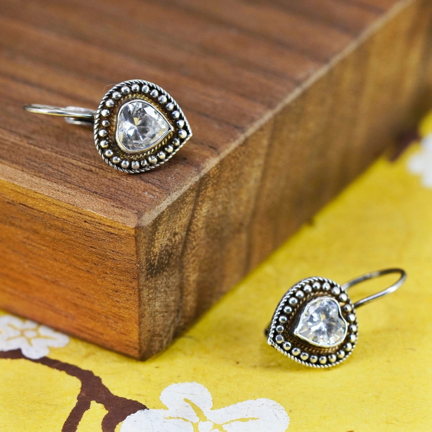 Vintage Sterling 925 silver handmade heart earrings with crystal and beads