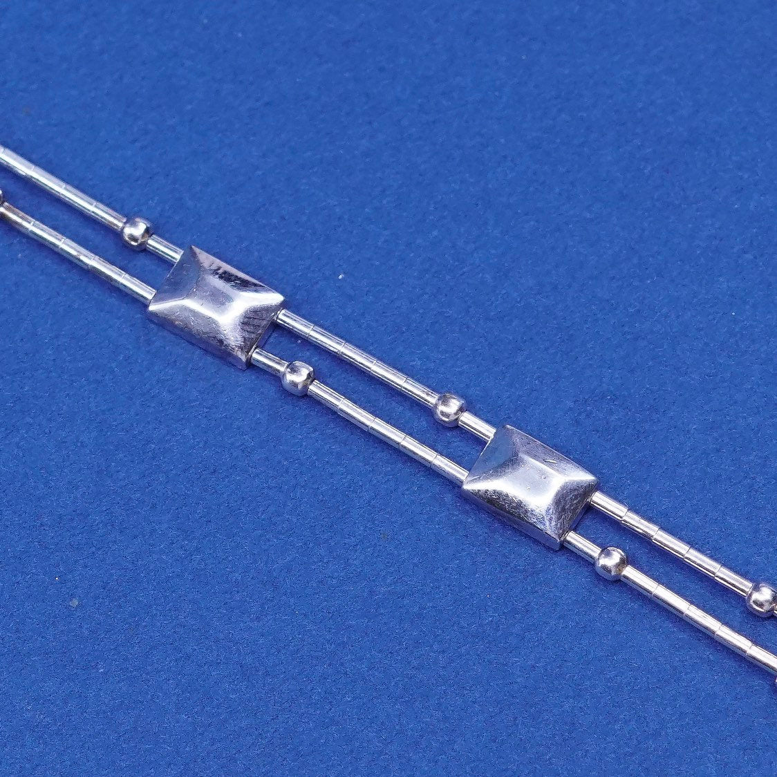 7", vtg sterling handmade bracelet, 925 liquid silver bracelet w/ square