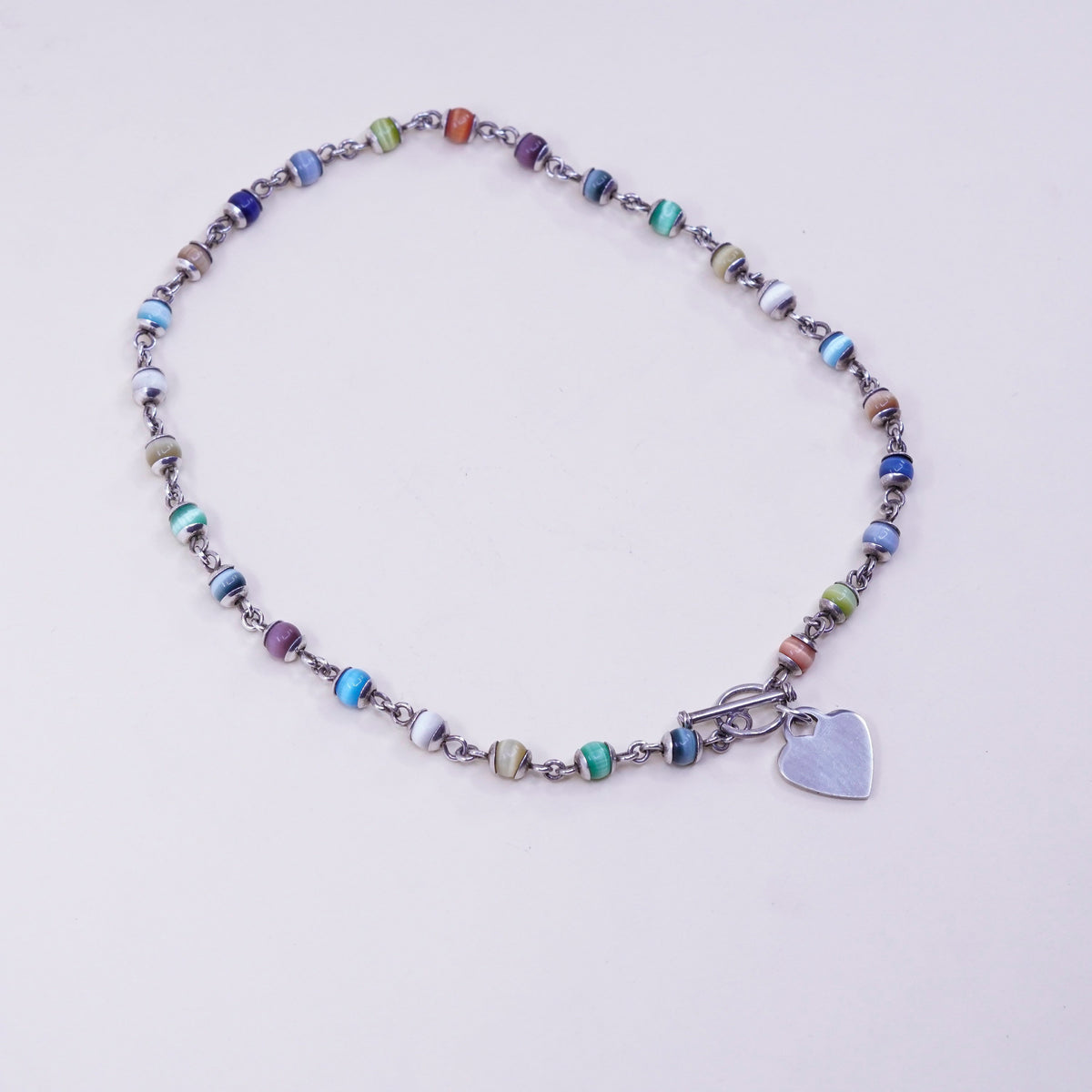 16”, sterling silver handmade necklace, colorful tiger eye beads heart charm