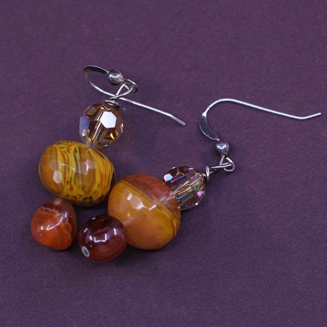 vtg Sterling silver handmade earrings, 925 w/ orange agate beads, Stamped 925