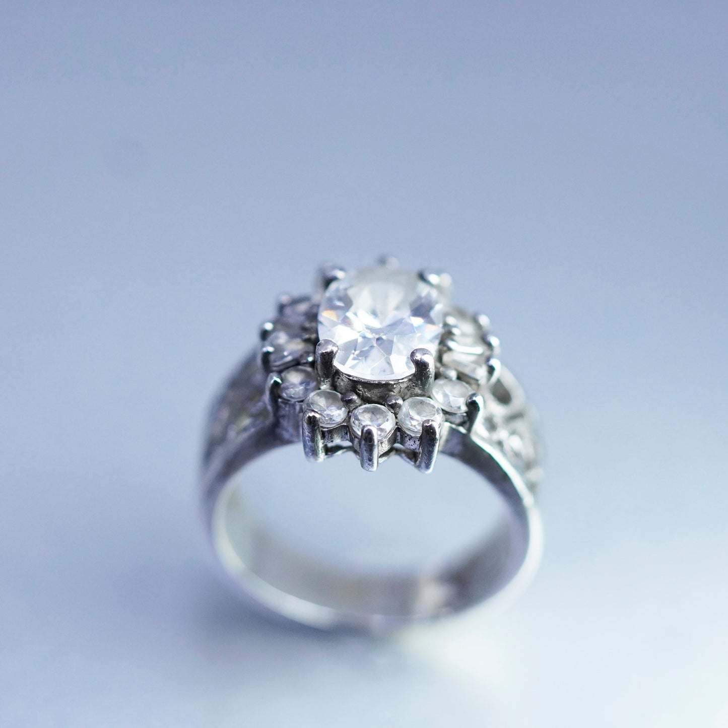 Size 6, vintage Sterling 925 silver handmade engagement ring with cluster Cz