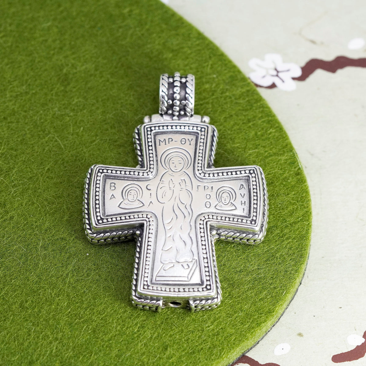 Sterling silver pendant, 925 cross charm with MP-OY Mater Theos “mother of god”
