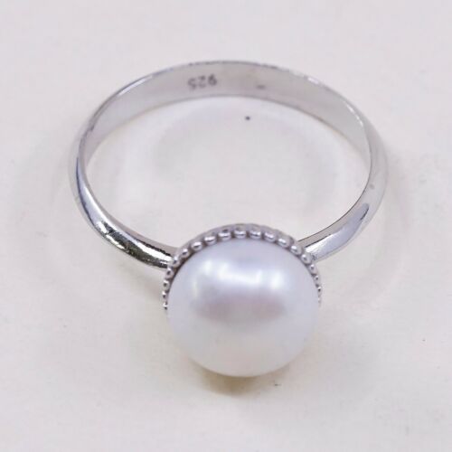 Sz 8, Vtg Sterling 925 Silver Handmade Ring W/ Freshwater Pearl, Simple Elegant