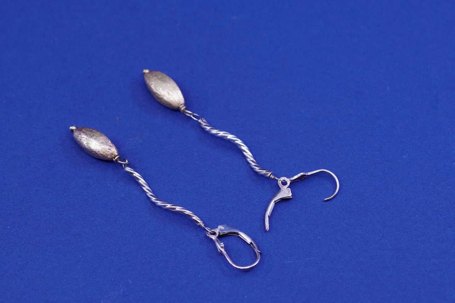 Two Tone Sterling silver handmade earrings, 925 twisted bar with gold tone