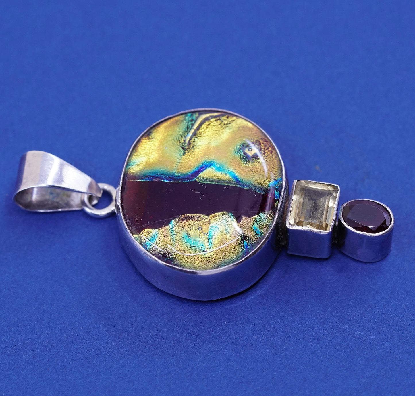 vtg sterling 925 silver handmade pendant with dichroic glass and citrine ruby