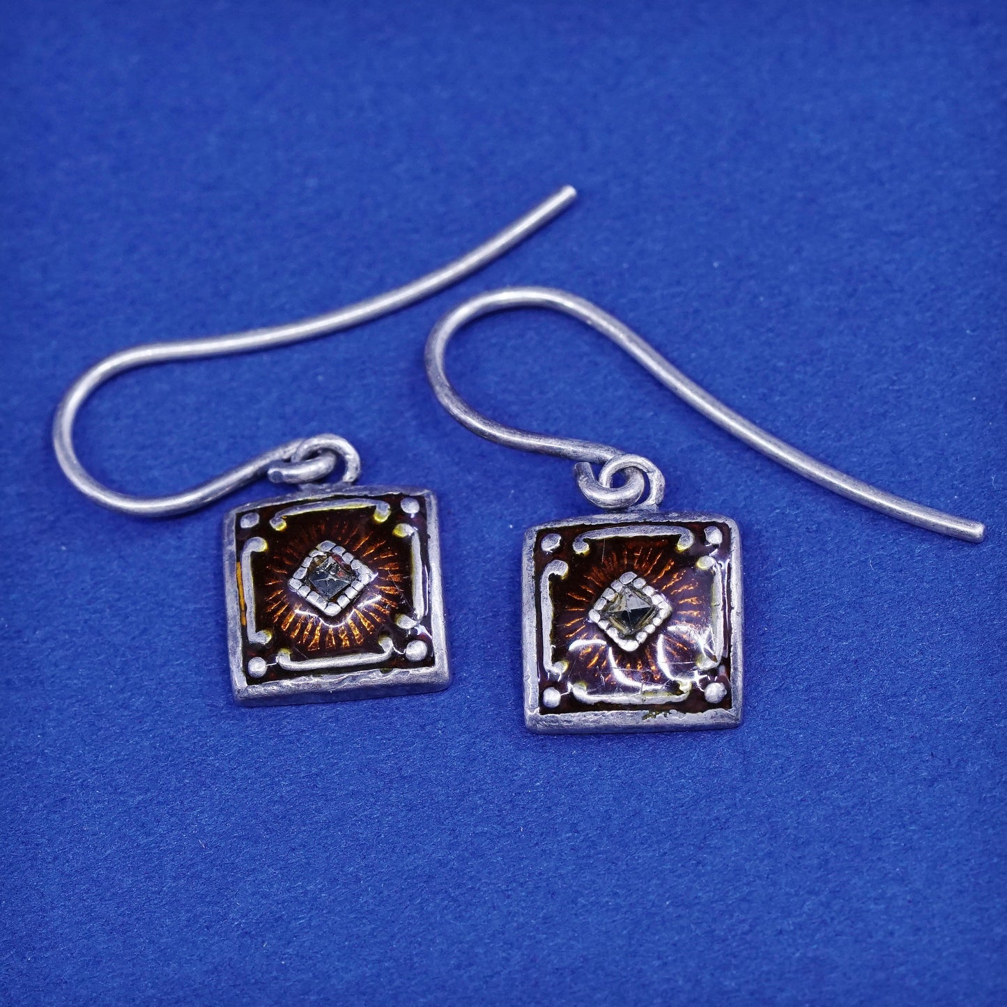 vtg JMA sterling silver handmade earrings, 925 square w/ enamel N marcasite