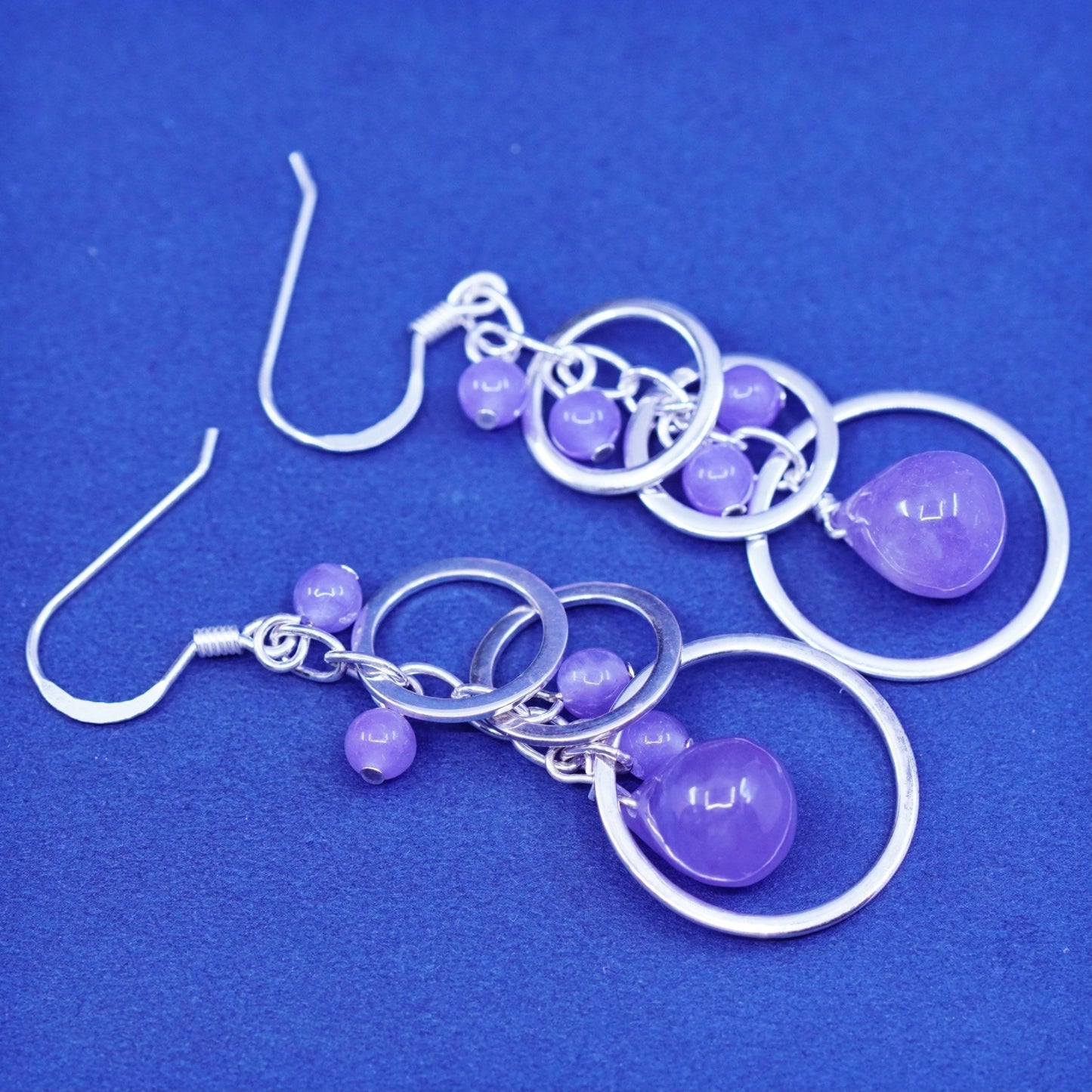 Vintage sterling silver handmade earrings, 925 circles w/ bead amethyst dangles