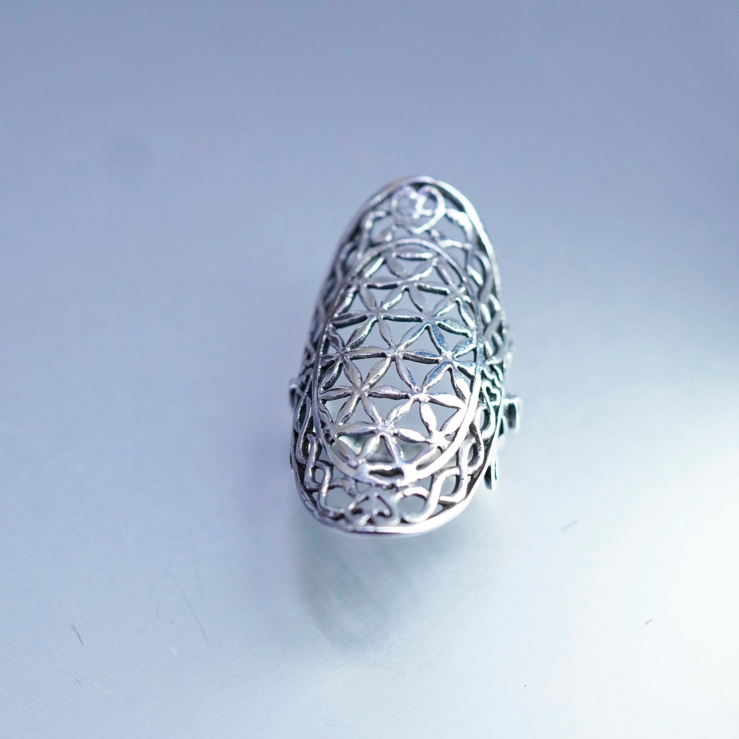 Size 6.25, vtg Sterling 925 silver handmade ring, filigree finger guard band