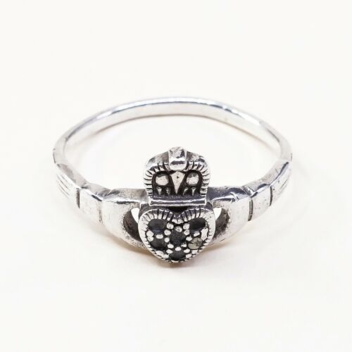 Size 9.25, Vtg Sterling Silver Handmade Ring, 925 claddagh Heart W/ Marcasite
