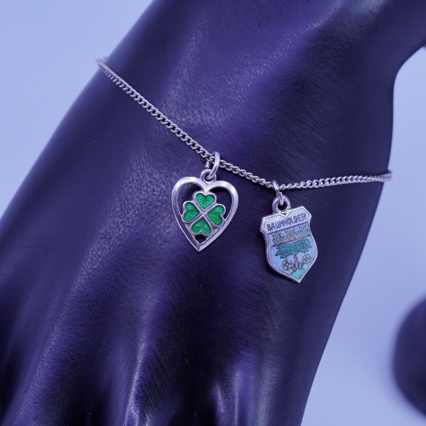 6.5”, Sterling 925 silver handmade bracelet, curb chain clover Baum charms