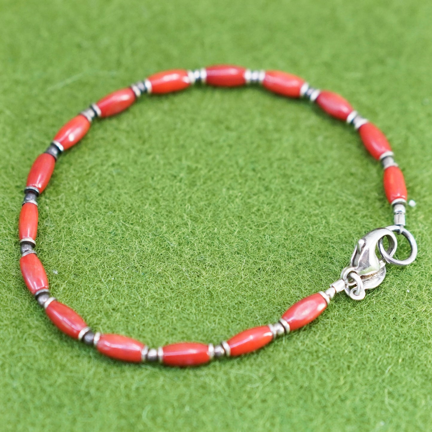 6.75”, southwestern 925 Sterling silver handmade heishi bracelet coral beads