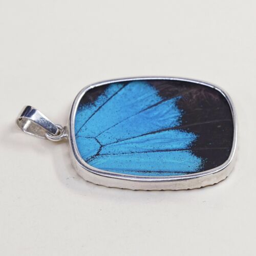 Vintage Sterling Silver Handmade Pendant, 925 With Resin Blue Butterfly Wing