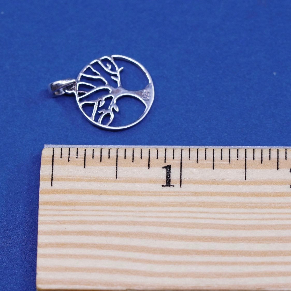 vtg sterling silver handmade pendant, 925 circle w/ filigree tree