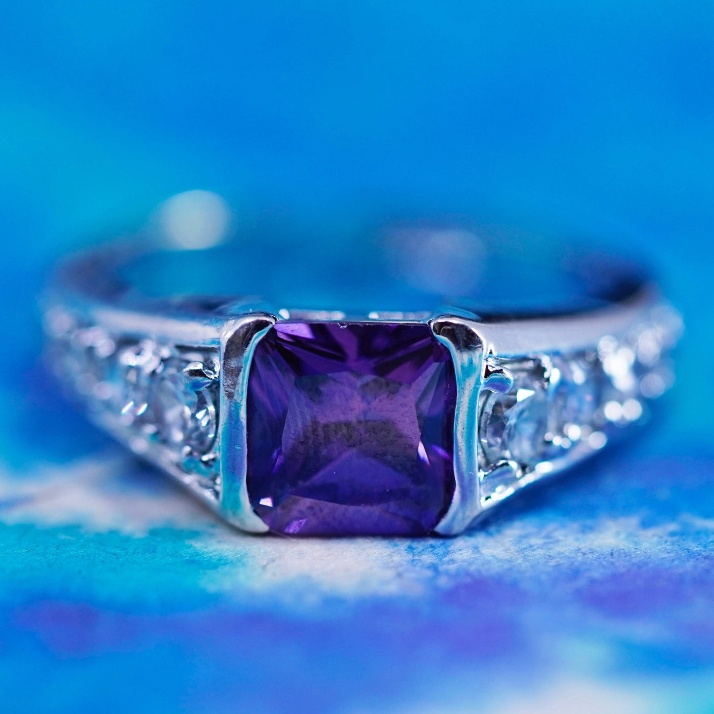Size 10.25, vintage Sterling silver handmade ring, 925 band square amethyst cz