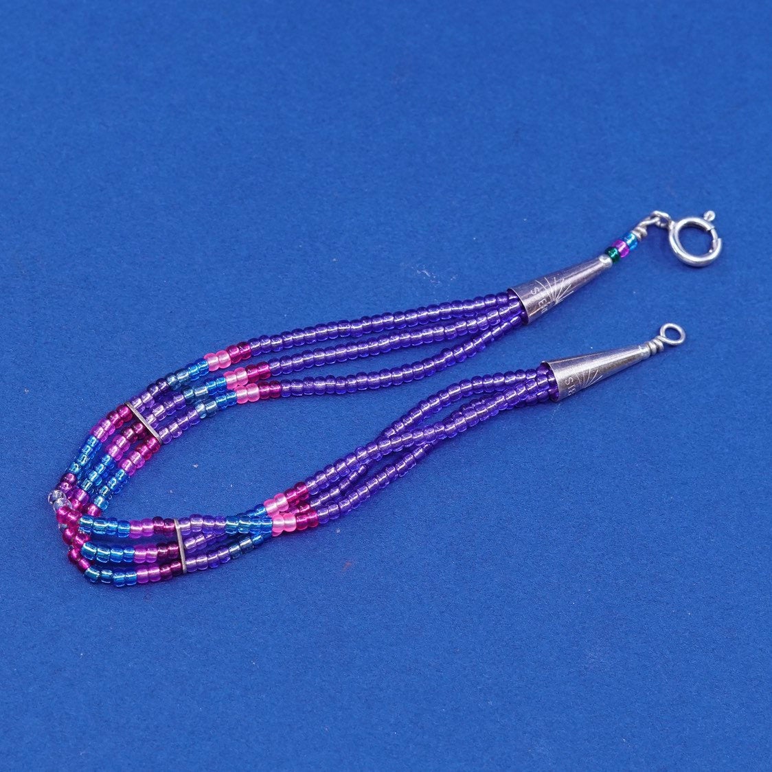 6.75”, Southwestern sterling 925 silver handmade bracelet w/ pink crystal beads