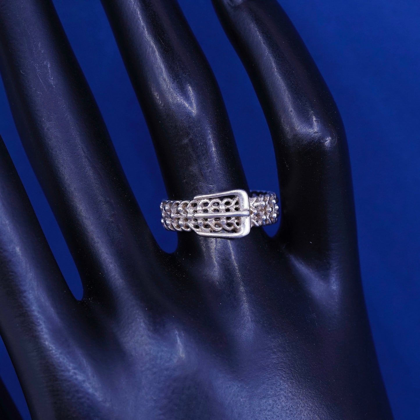 sz 7.25, vtg sterling silver handmade ring, 925 filigree belt band