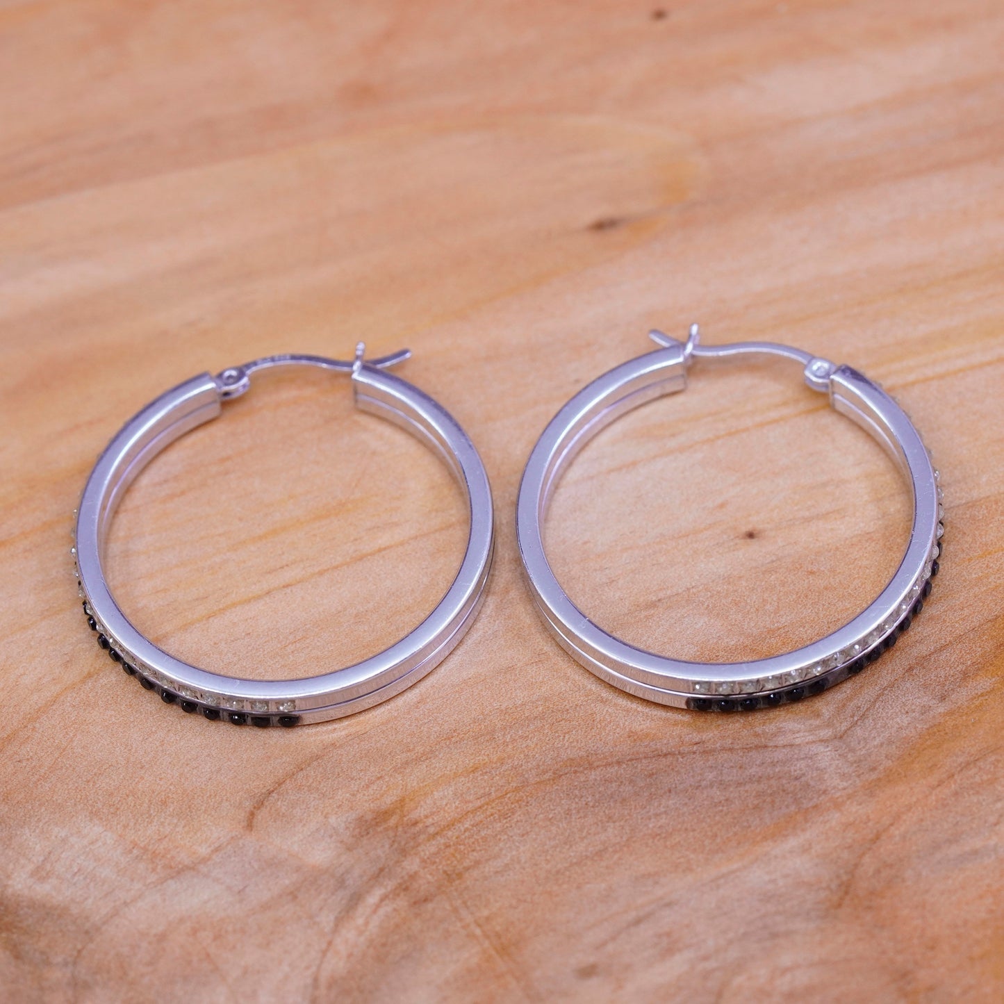 1.25”, vtg SLC Sterling silver handmade earrings, 925 hoops w/ cluster crystal