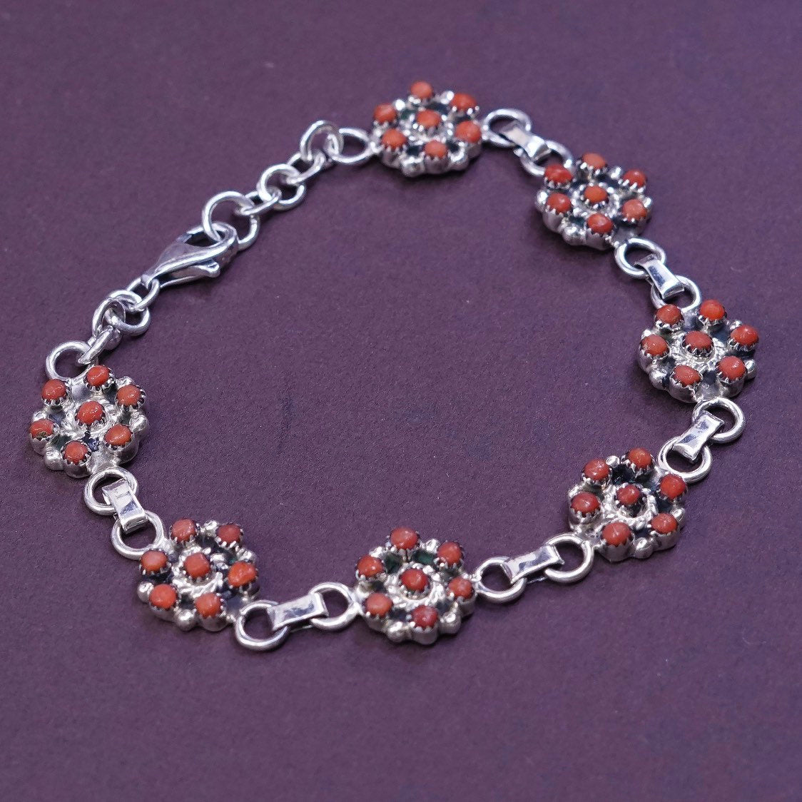 7.5", Native American Mary Sterling silver bracelet, navajo 925 flower w/ coral