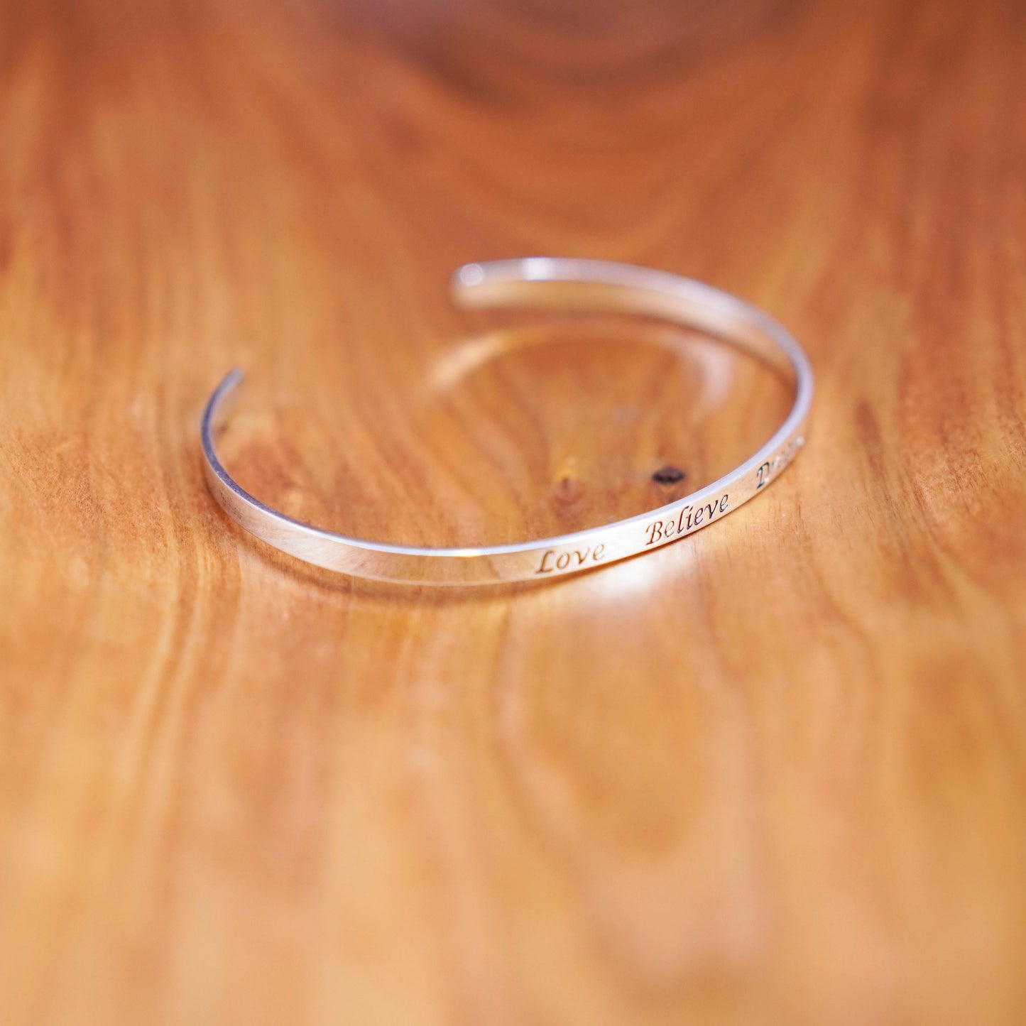 7.5”, sterling silver handmade bracelet, quote 925 cuff “love believe dream”