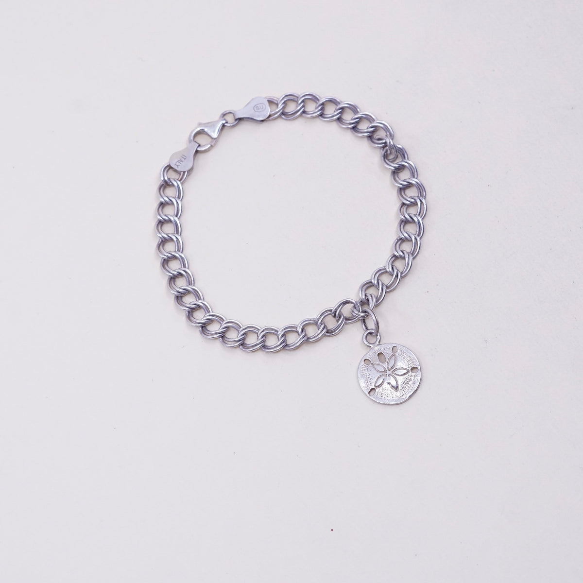 6.75”, sterling silver double curb chain, 925 bracelet w/ sand dollar charm