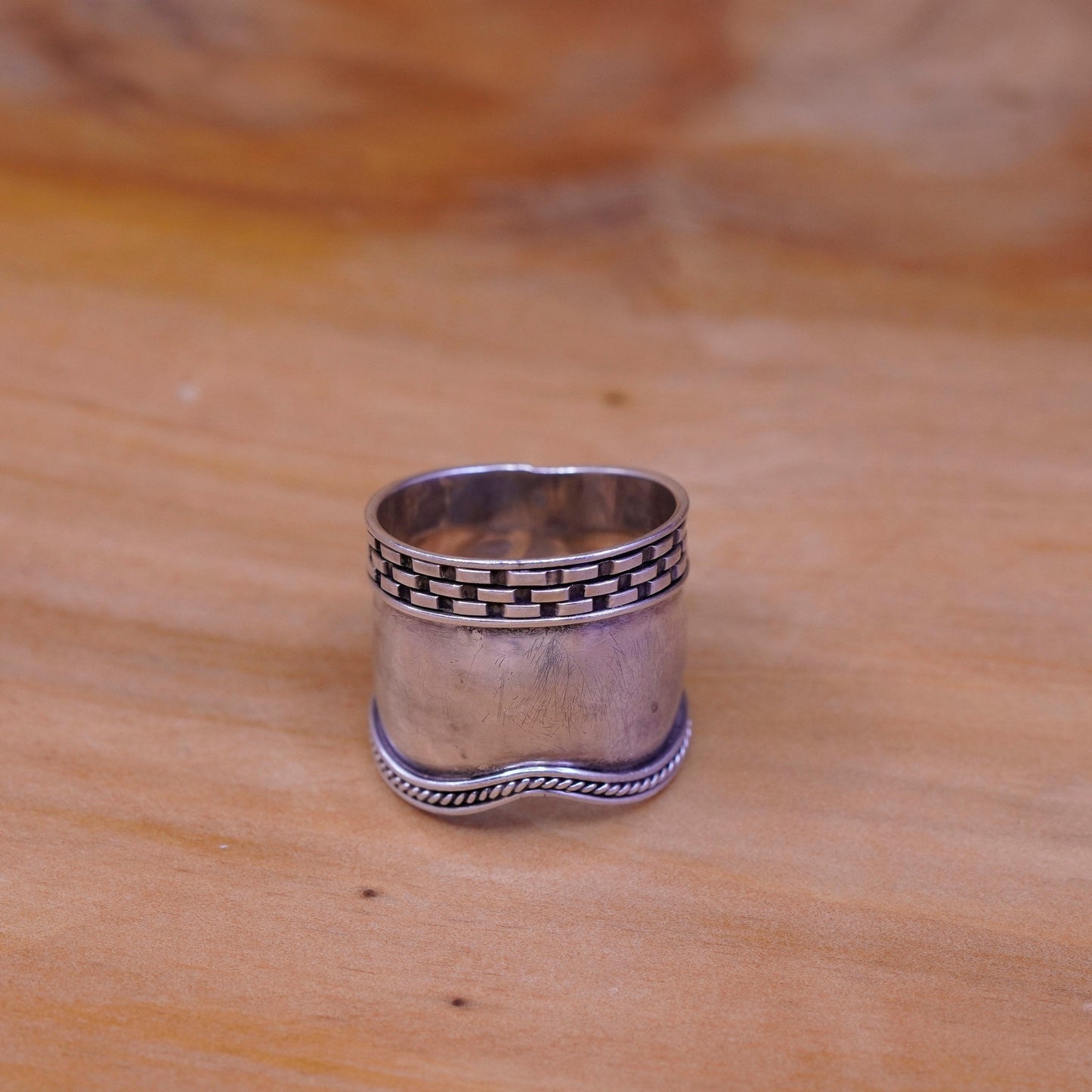 Size 6.5, vintage Sterling silver handmade ring, 925 wide band w/ textured edge