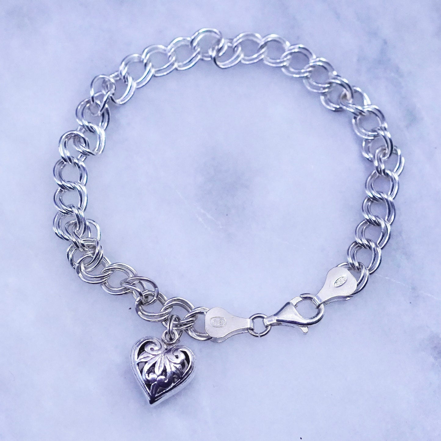 6.75”, Sterling silver bracelet, 925 double curb chain filigree heart charm