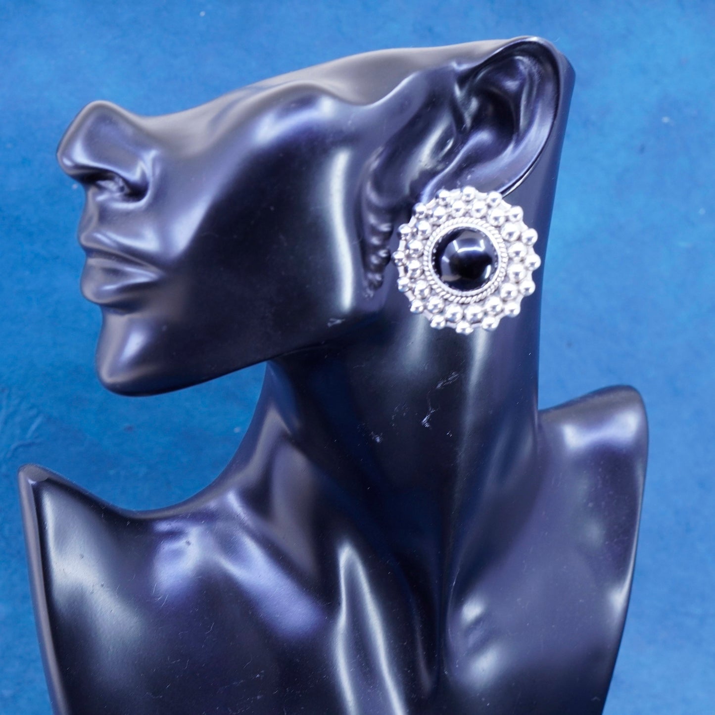 Vintage Mexico sterling 925 silver handmade clip on earrings round onyx beads