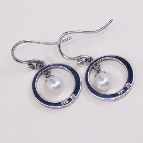 Vtg Modern, Elegant STERLING 925 SILVER Circle earrings with pearl Dangles