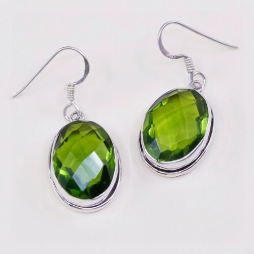Vtg STERLING 925 SILVER Handmade earrings with Green Cushion Cut Crystal dangles