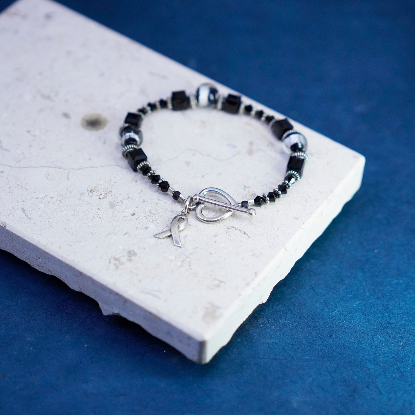 6”, Sterling silver bracelet 925 bangle with crystal breast cancer ribbon charm