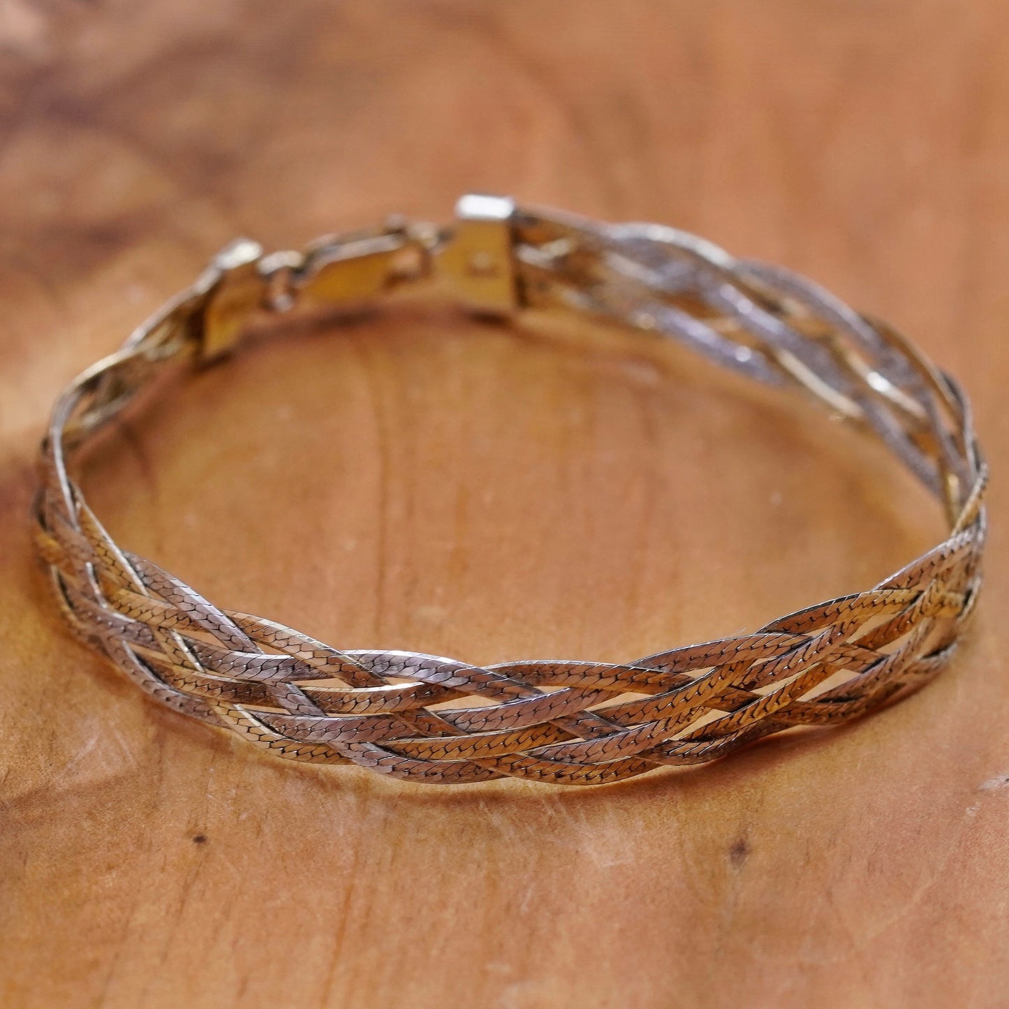 6.75”, vermeil gold Sterling 925 silver braided woven herringbone bracelet