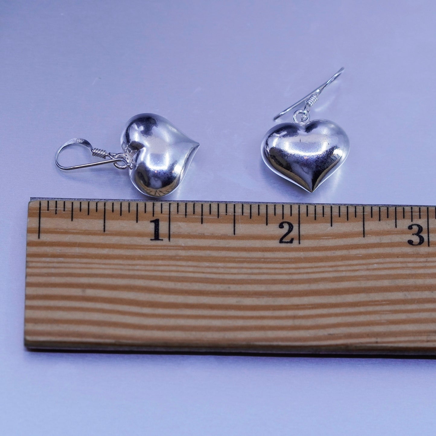 Vintage Sterling 925 silver handmade earrings with puffy heart dangles