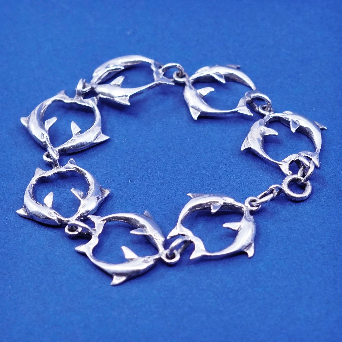 5.75”, vintage Sterling silver handmade bracelet, 925 double dolphin chain
