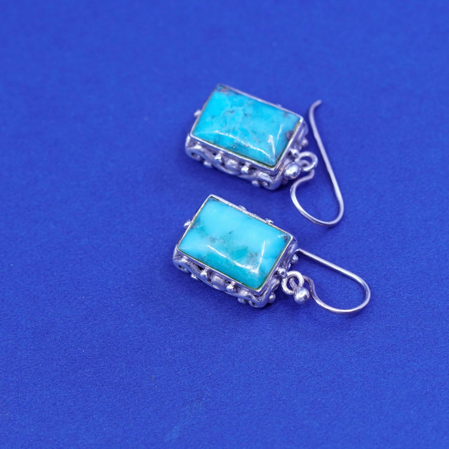 Vintage Sterling 925 silver handmade filigree bali earrings with turquoise