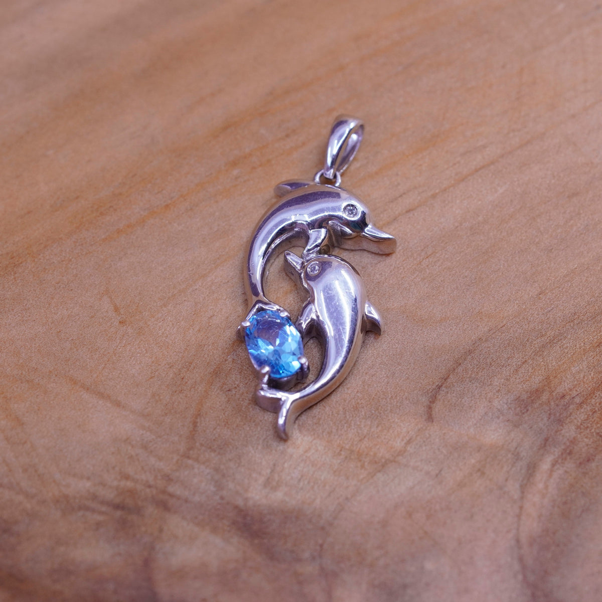 Vintage 925 Sterling silver handmade dolphins pendant with topaz