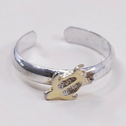 Sz 4, PCU Two Tone 14K Gold Turtle Sterling Silver Handmade Ring 925 Open Band