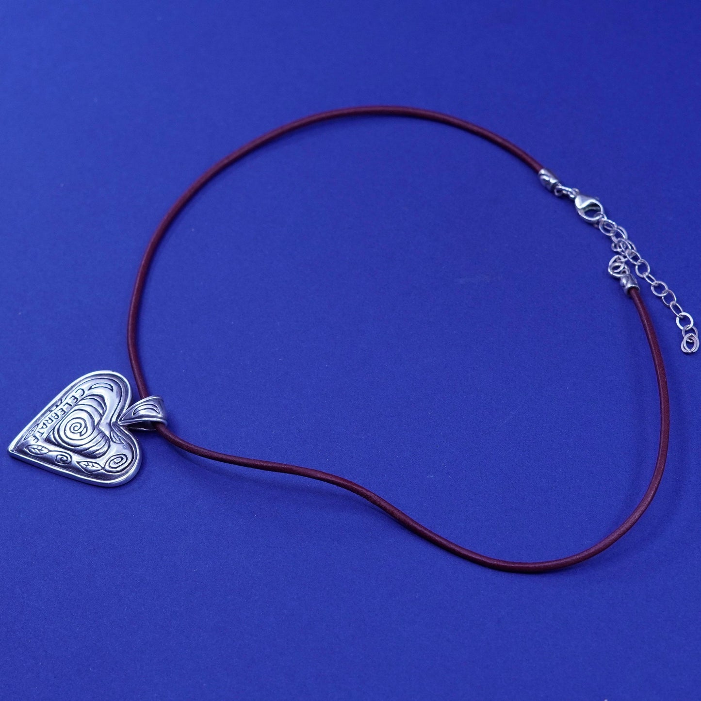 15+2”, Native American Shube Leather Necklace Sterling 925 silver heart garnet