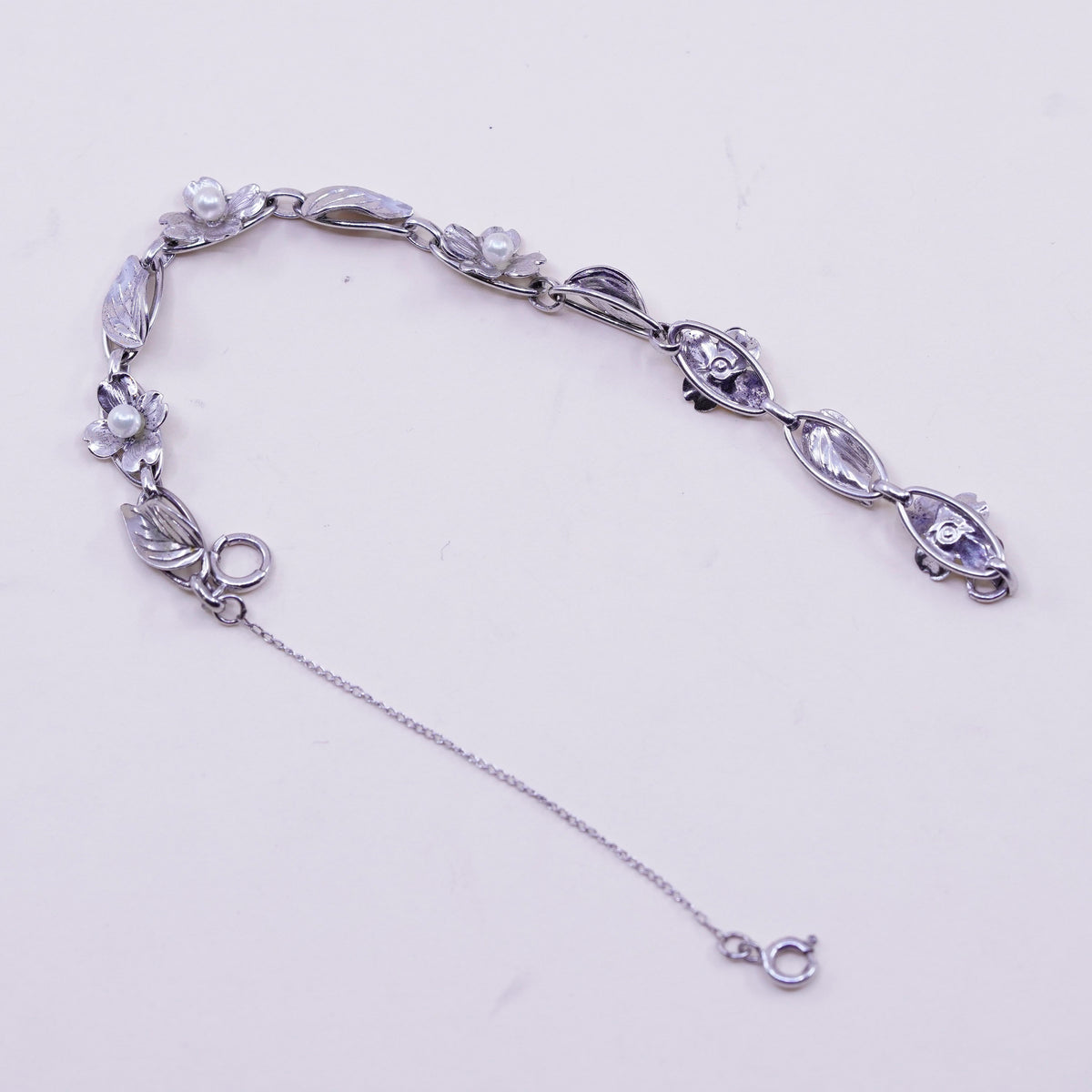 7”, sterling silver bracelet, 925 flower leaves chain pearl, handmade jewelry