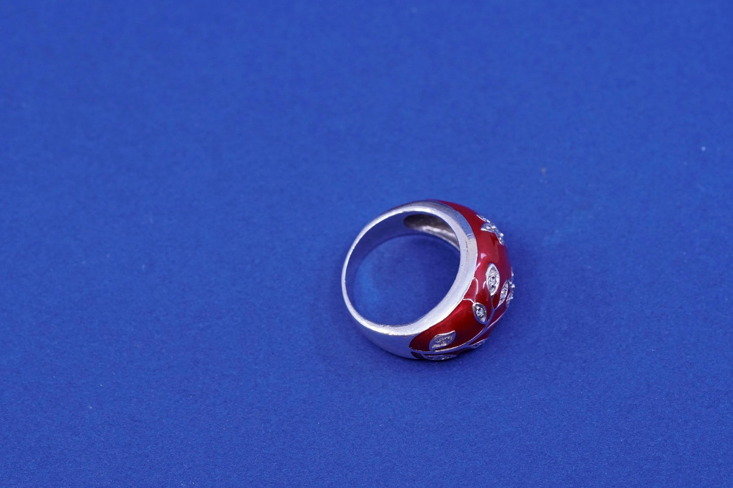 Size 6, vtg Sterling silver handmade ring, 925 red enamel band with flower Cz