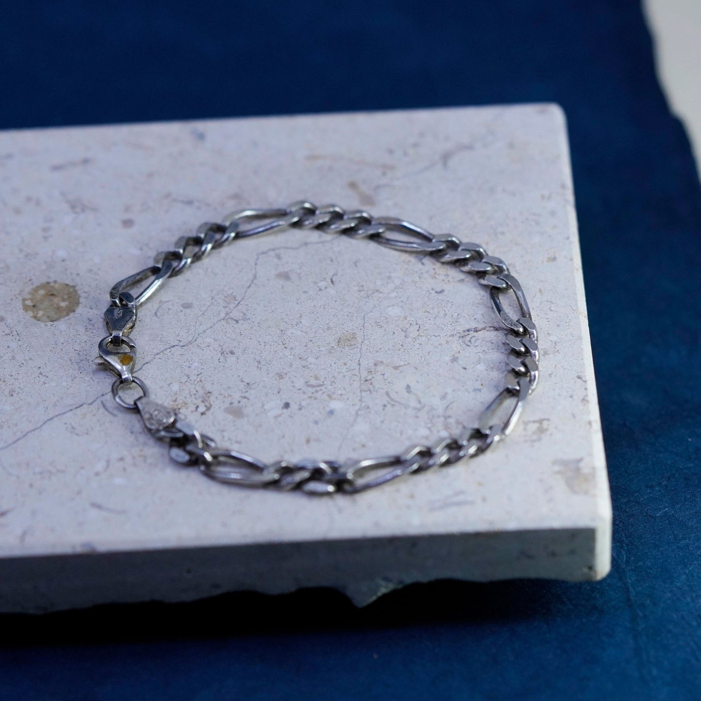 7.75”, 6mm, vintage Sterling silver figaro bracelet, 925 chain, stamped 925 Italy